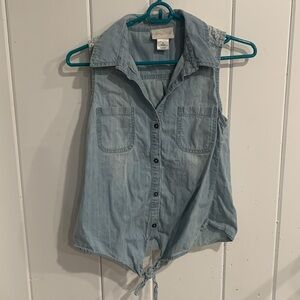 Shyanne Light Blue Denim Vest W/ Tie & Lace Print Accent Size M